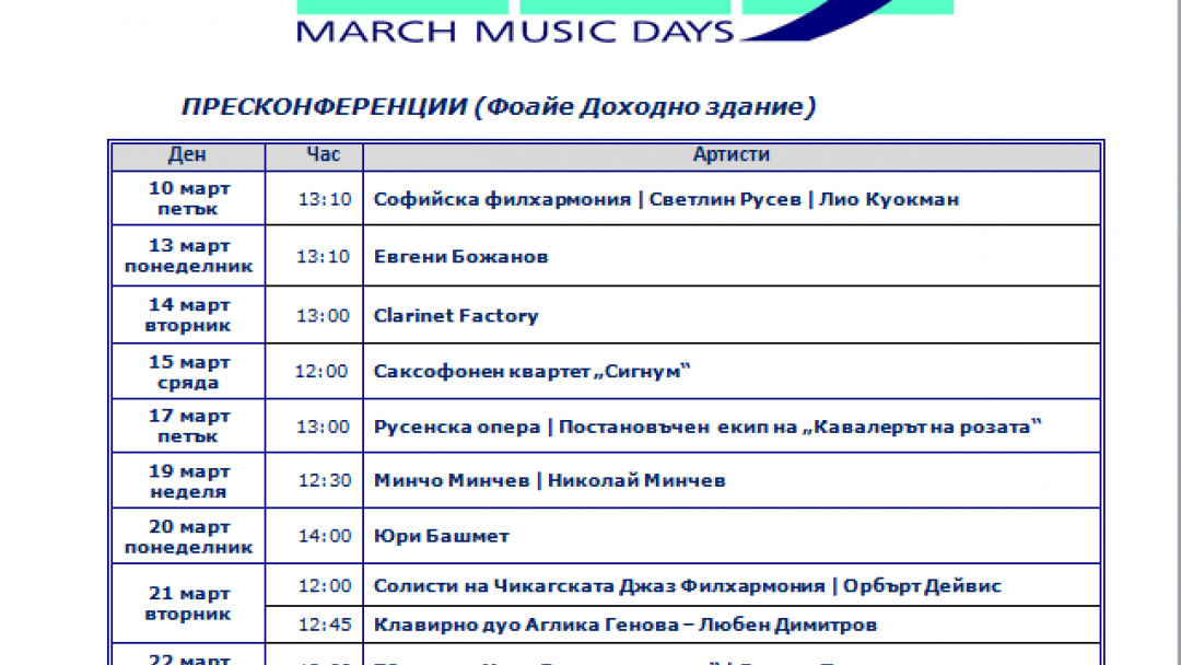 График на пресконференциите за МФ „Мартенски музикални дни“